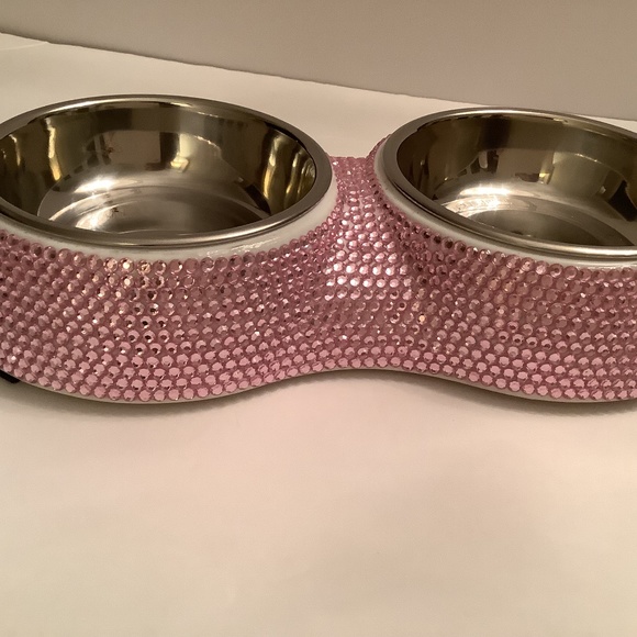 Pink bling crystal dog bowl double feeder - Picture 1 of 4